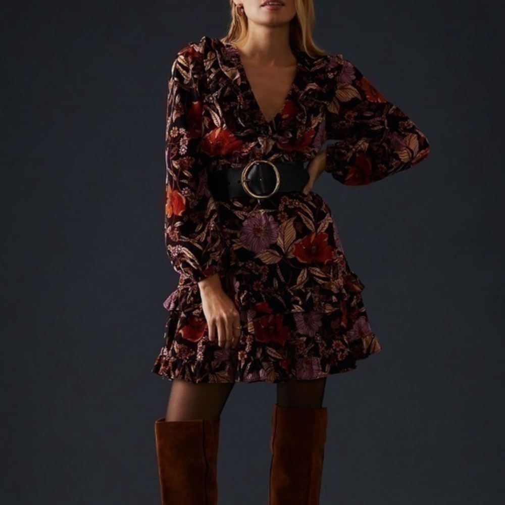 Anthropologie Floral Ruffle Mini Dress in Black, Red, Purple
